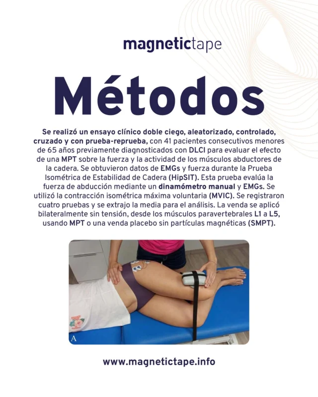 Métodos del estudio:  Se realizó un ensayo clínico doble ciego, aleatorizado, controlado y cruzado con 41 pacientes menores de 65 años diagnosticados con DLCI.
El objetivo: evaluar el efecto de la MPT sobre la fuerza y actividad de los músculos abductores de la cadera.  Se utilizaron registros de EMG y dinamometría durante la prueba HipSIT, midiendo la contracción isométrica máxima voluntaria (MVIC).
La venda se aplicó bilateralmente, desde L1 a L5, comparando MPT con una venda placebo (SMPT) sin partículas magnéticas.  Más detalles en:
www.magnetictape.info